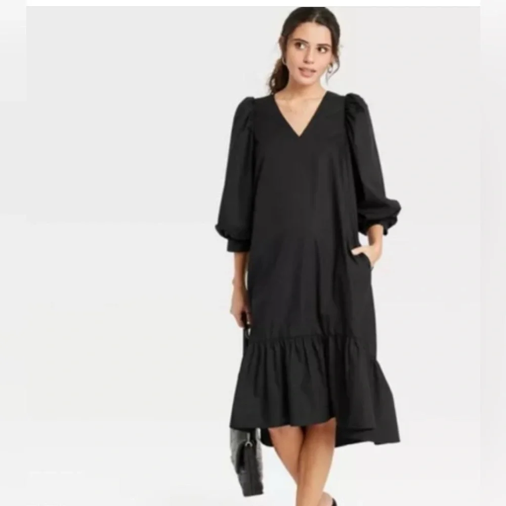 A New Day Black V-Neck Midi Dress with Pockets | Puff Sleeve Ruffle Hem Size M
